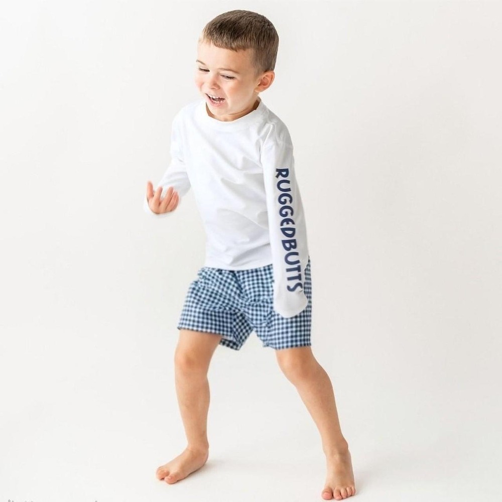 RuggedButts Boys Navy Gingham Swim Trunks UPF 50+ 🩵